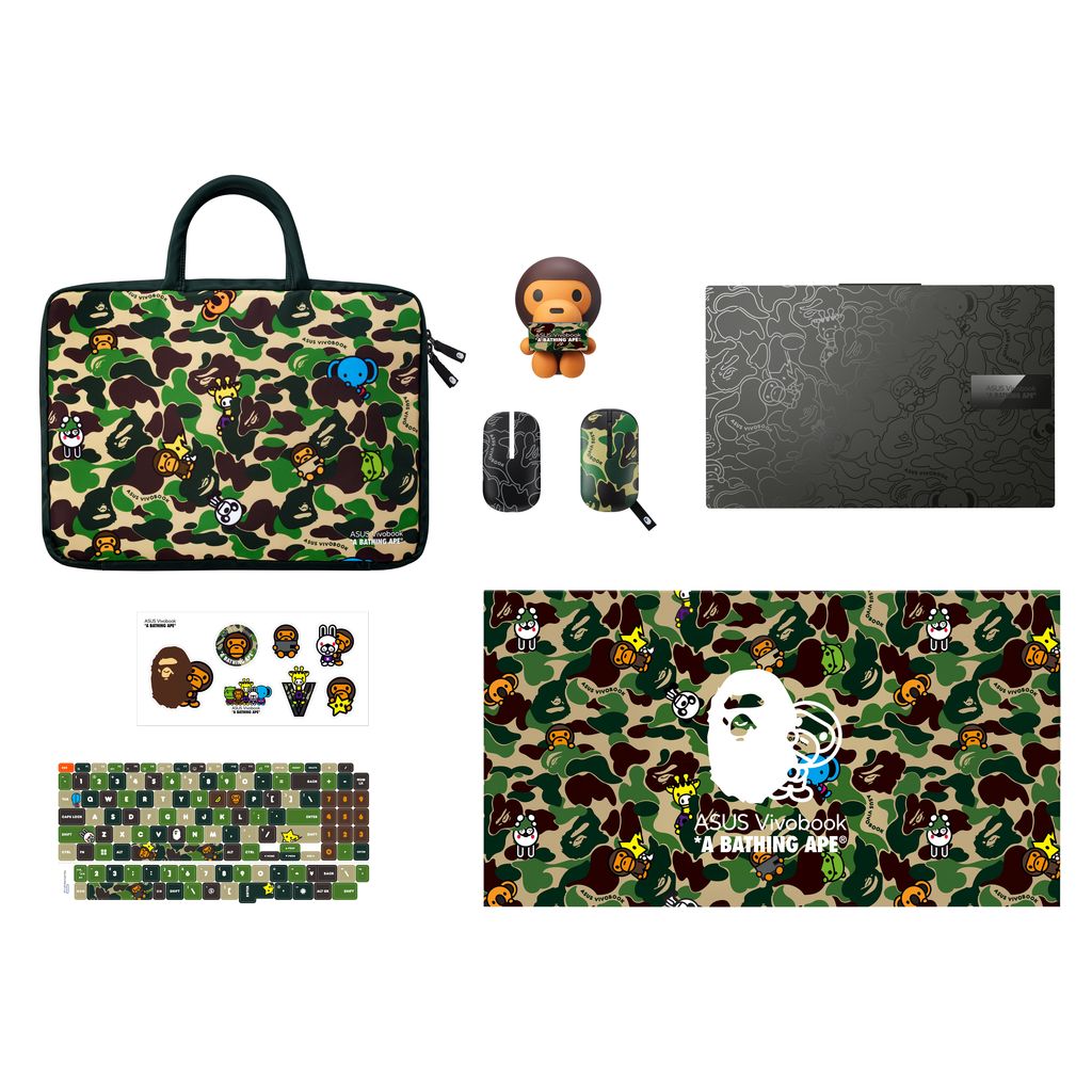 Vivobook S 15 OLED BAPE Edition_Green Camo Bundle with Black Laptop overlooking view of black laptops and green camo bundle